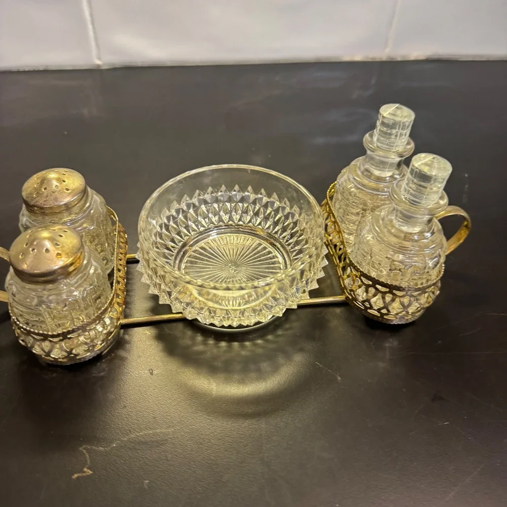 Vintage Condiment Caddy Set 6pc Clear Gold Cut Glass Shakers Cruets Bowl